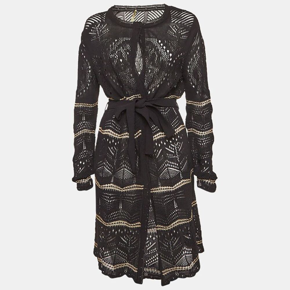 Roberto Cavalli Black Pointelle Knit Belted Cardigan L